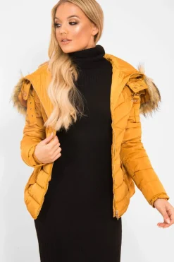 Rebellious Fashion Mustard Faux Fur Hood Gold Detail Puffer Coat - Rylah