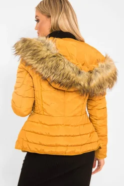 Rebellious Fashion Mustard Faux Fur Hood Gold Detail Puffer Coat - Rylah