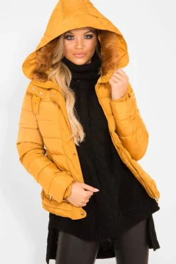 Rebellious Fashion Mustard Faux Fur Trim Hood Padded Coat - Jessabelle