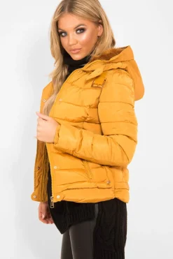 Rebellious Fashion Mustard Faux Fur Trim Hood Padded Coat - Jessabelle
