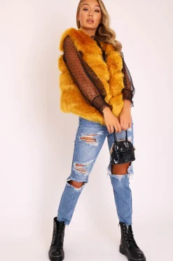 Rebellious Fashion Mustard Faux leather and Fur Gilet - Felicia