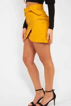 Rebellious Fashion Mustard Faux Leather Belted Wrap Mini Skirt - Skye