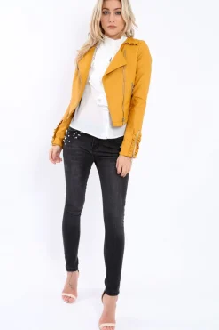 Rebellious Fashion Mustard Faux Leather Biker Jacket - Colleen