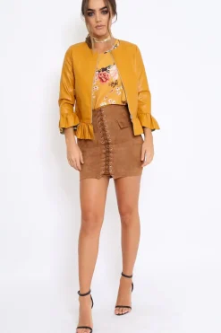 Rebellious Fashion Mustard Faux Leather Frill Hem Jacket - Cherrie