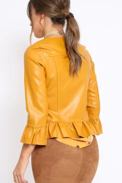 Rebellious Fashion Mustard Faux Leather Frill Hem Jacket - Cherrie