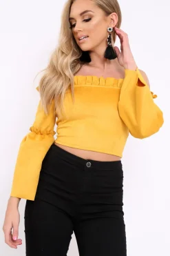 Rebellious Fashion Mustard Faux Suede Crop Bardot Top - Torri