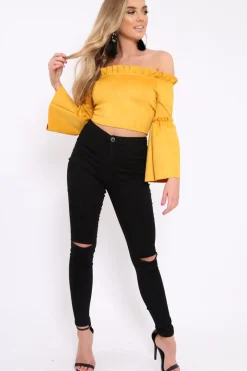 Rebellious Fashion Mustard Faux Suede Crop Bardot Top - Torri