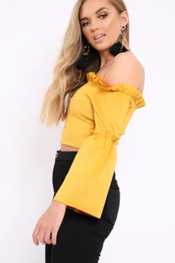 Rebellious Fashion Mustard Faux Suede Crop Bardot Top - Torri