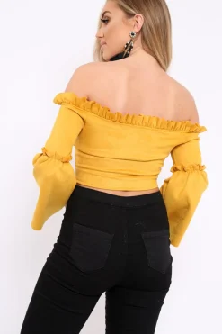 Rebellious Fashion Mustard Faux Suede Crop Bardot Top - Torri