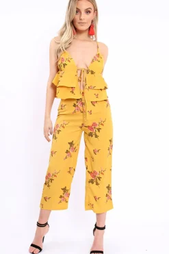 Rebellious Fashion Mustard Floral Bralet and Cropped Pants Co-ord - Faria