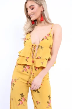 Rebellious Fashion Mustard Floral Bralet and Cropped Pants Co-ord - Faria