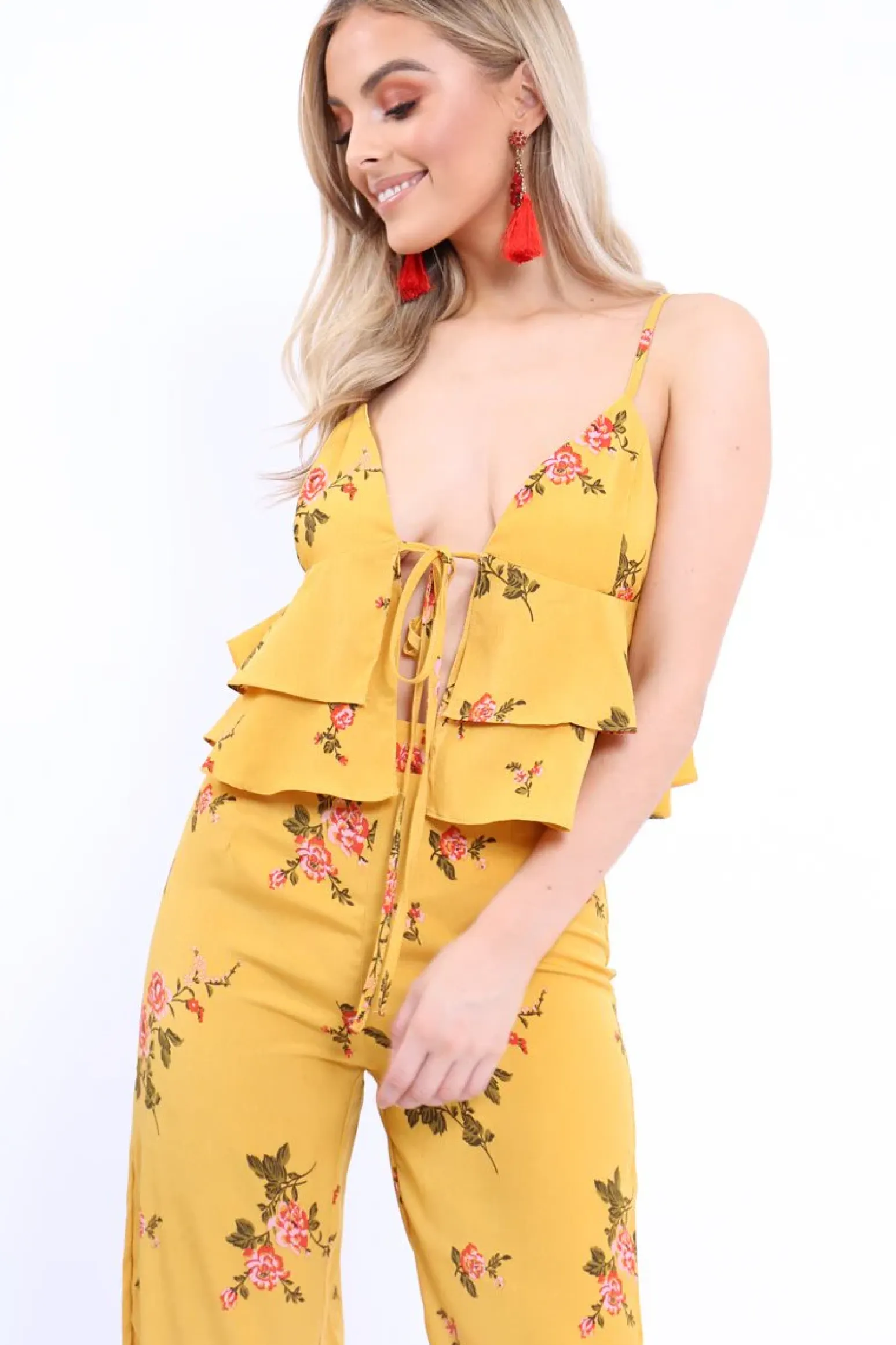 Rebellious Fashion Mustard Floral Bralet and Cropped Pants Co-ord - Faria