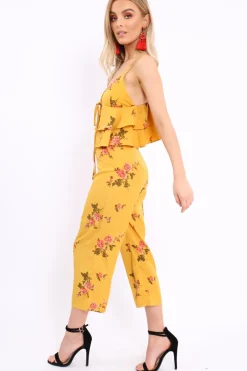 Rebellious Fashion Mustard Floral Bralet and Cropped Pants Co-ord - Faria