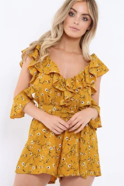 Rebellious Fashion Mustard Floral Cold Shoulder Playsuit - Arlene