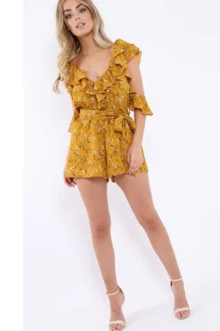 Rebellious Fashion Mustard Floral Cold Shoulder Playsuit - Arlene