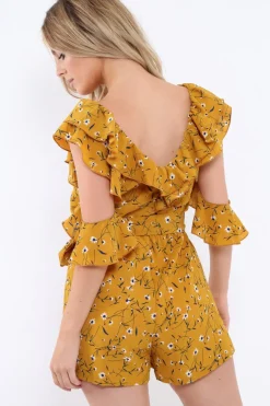 Rebellious Fashion Mustard Floral Cold Shoulder Playsuit - Arlene