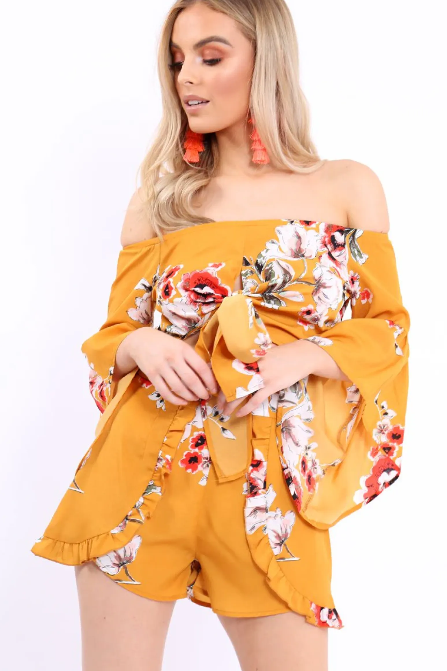 Rebellious Fashion Mustard Floral Crop Top and Shorts Co-ord - Teigan