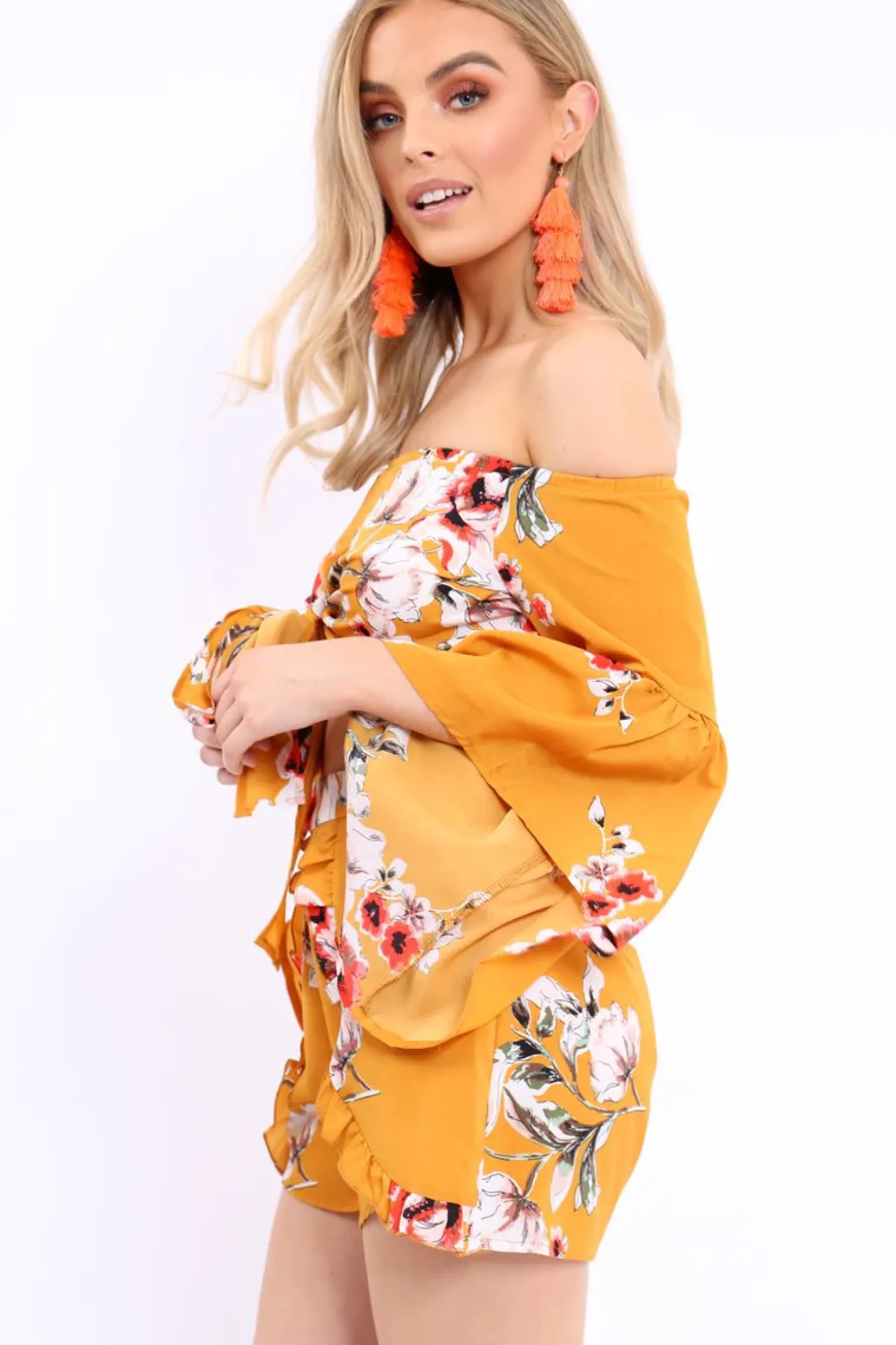 Rebellious Fashion Mustard Floral Crop Top and Shorts Co-ord - Teigan