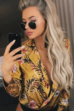 Rebellious Fashion Mustard Floral Plunge Satin Bodysuit - Rebeka