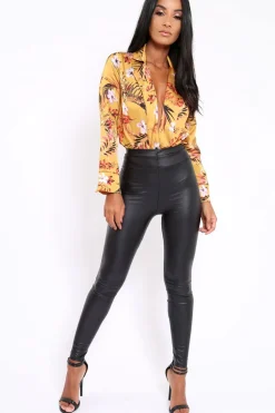 Rebellious Fashion Mustard Floral Plunge Satin Bodysuit - Rebeka