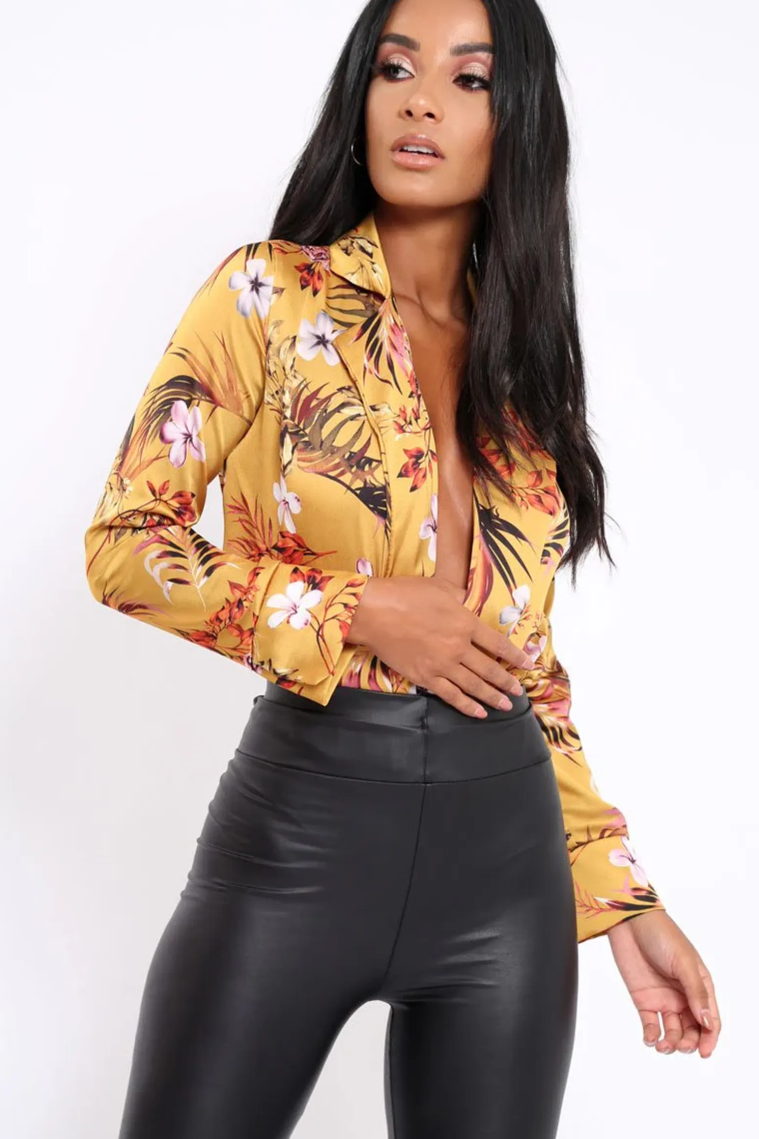 Rebellious Fashion Mustard Floral Plunge Satin Bodysuit - Rebeka