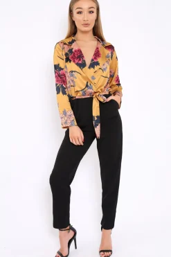 Rebellious Fashion Mustard Floral Plunge Satin Wrap Front Jumpsuit - Talulah