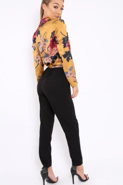 Rebellious Fashion Mustard Floral Plunge Satin Wrap Front Jumpsuit - Talulah
