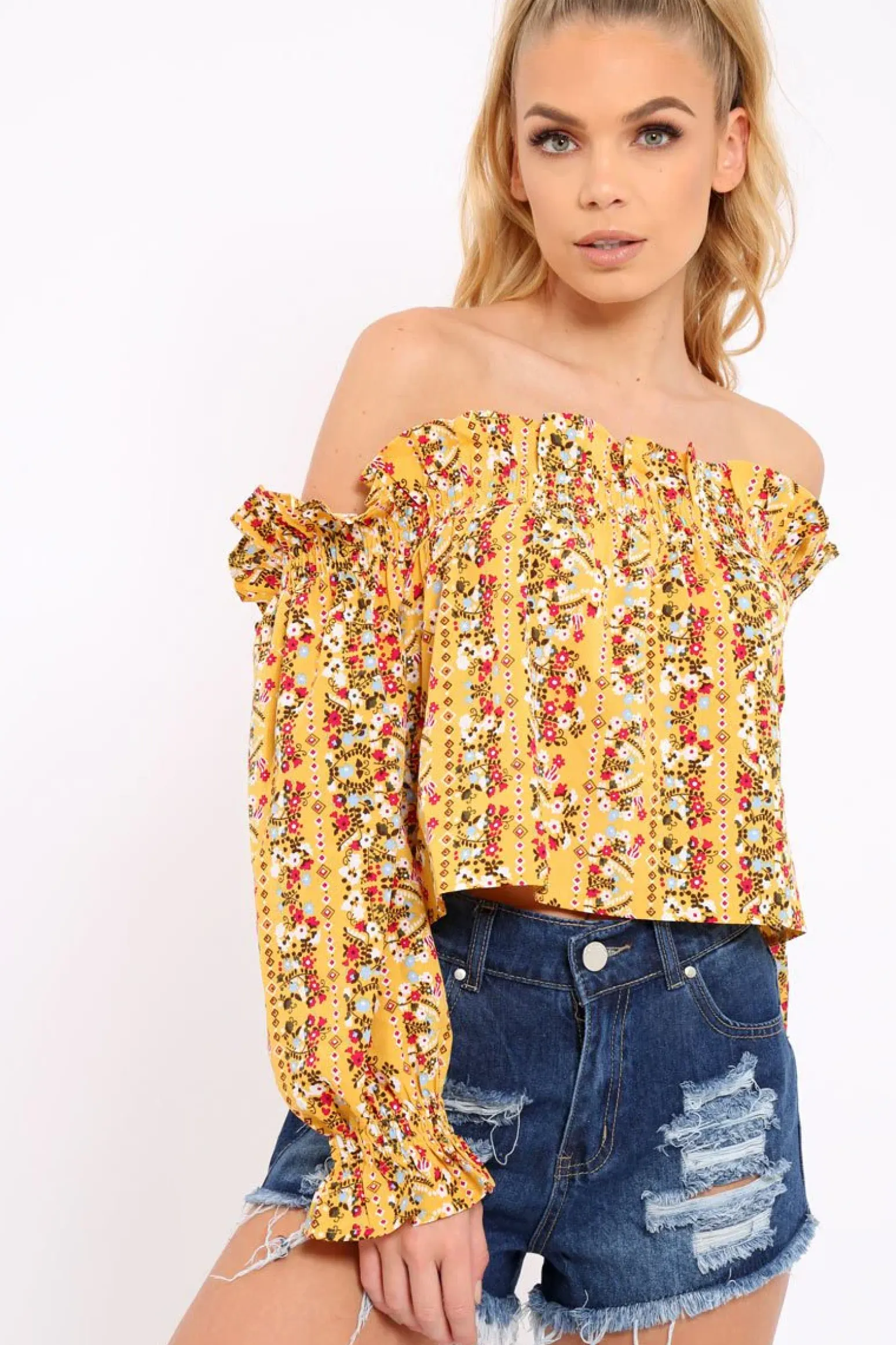 Rebellious Fashion Mustard Floral Print Bardot Frill Crop Top - Rayna