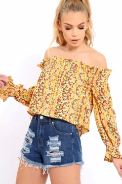 Rebellious Fashion Mustard Floral Print Bardot Frill Crop Top - Rayna