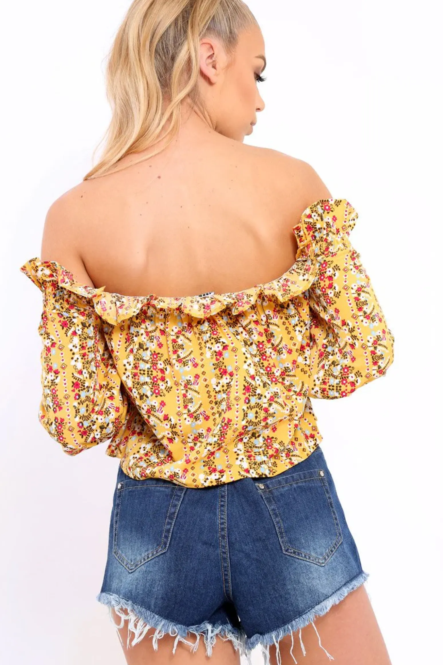 Rebellious Fashion Mustard Floral Print Bardot Frill Crop Top - Rayna