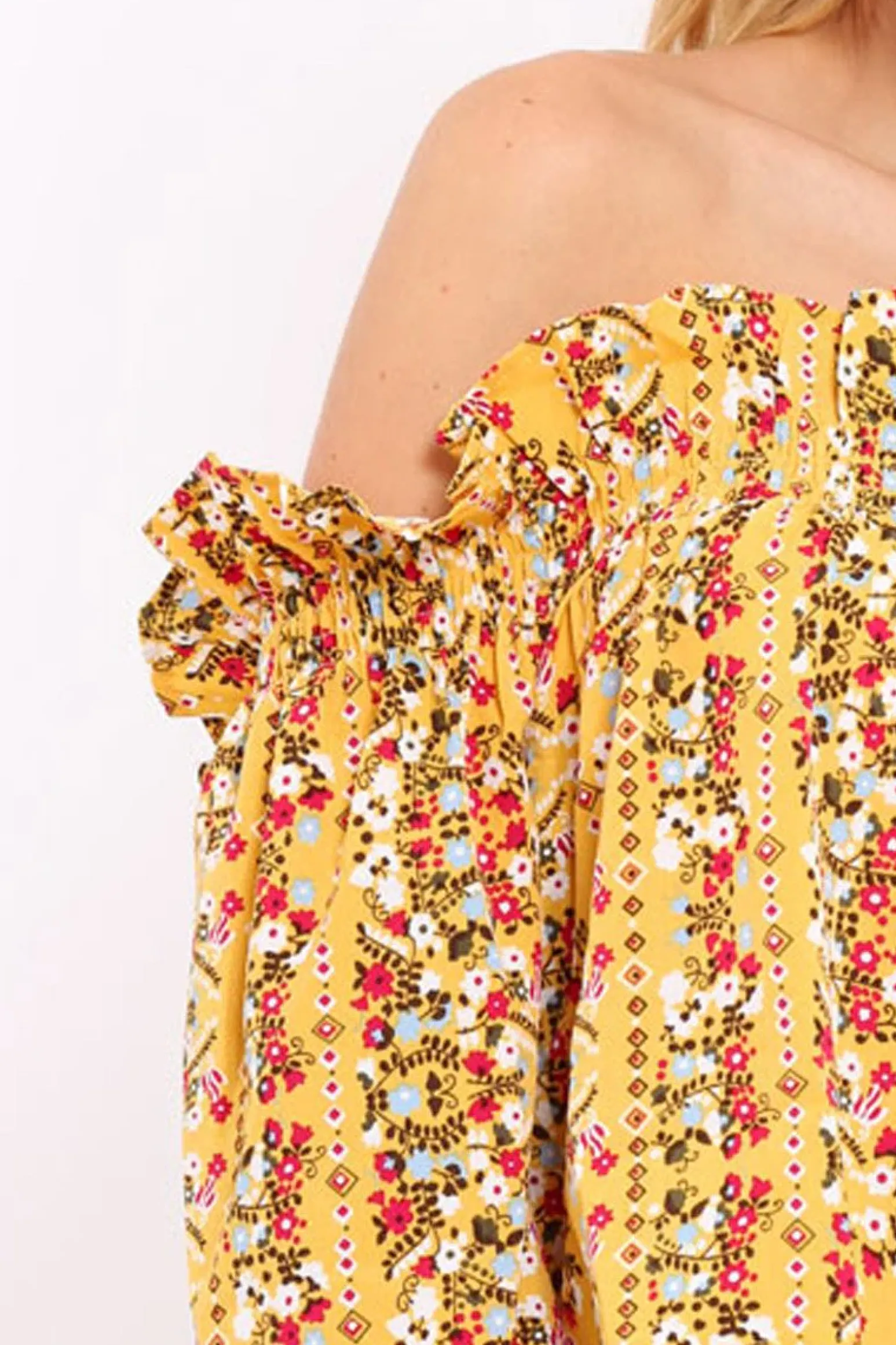Rebellious Fashion Mustard Floral Print Bardot Frill Crop Top - Rayna