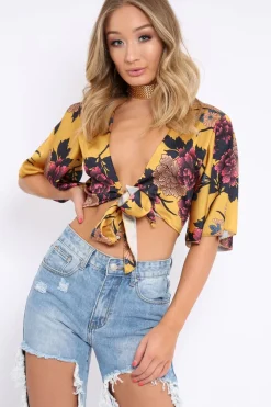 Rebellious Fashion Mustard Floral Print Satin Tie Crop Top - Kynslee