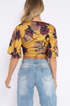 Rebellious Fashion Mustard Floral Print Satin Tie Crop Top - Kynslee