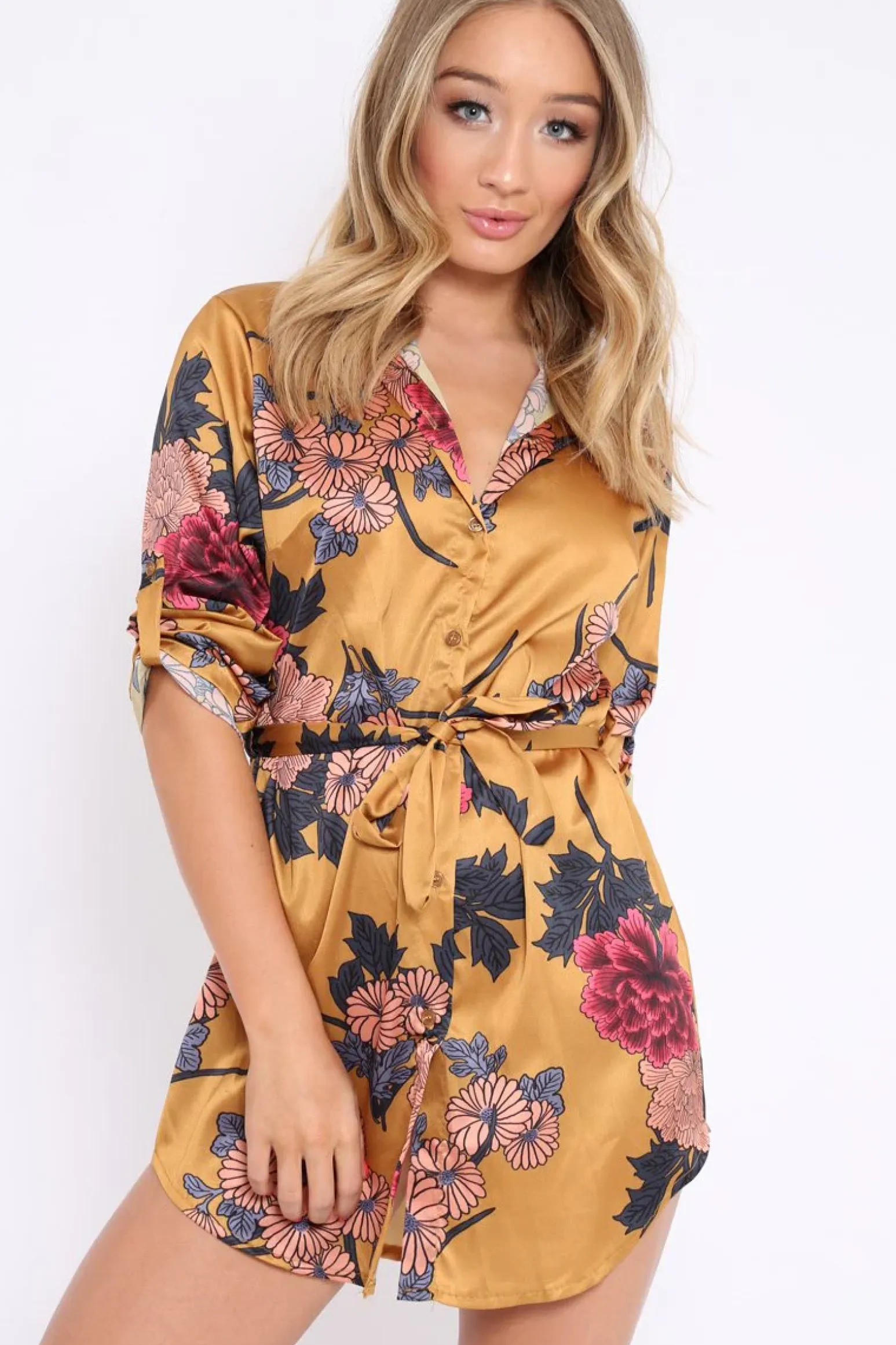 Rebellious Fashion Mustard Floral Satin Shirt Tie Dress - Sophina