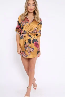 Rebellious Fashion Mustard Floral Satin Shirt Tie Dress - Sophina