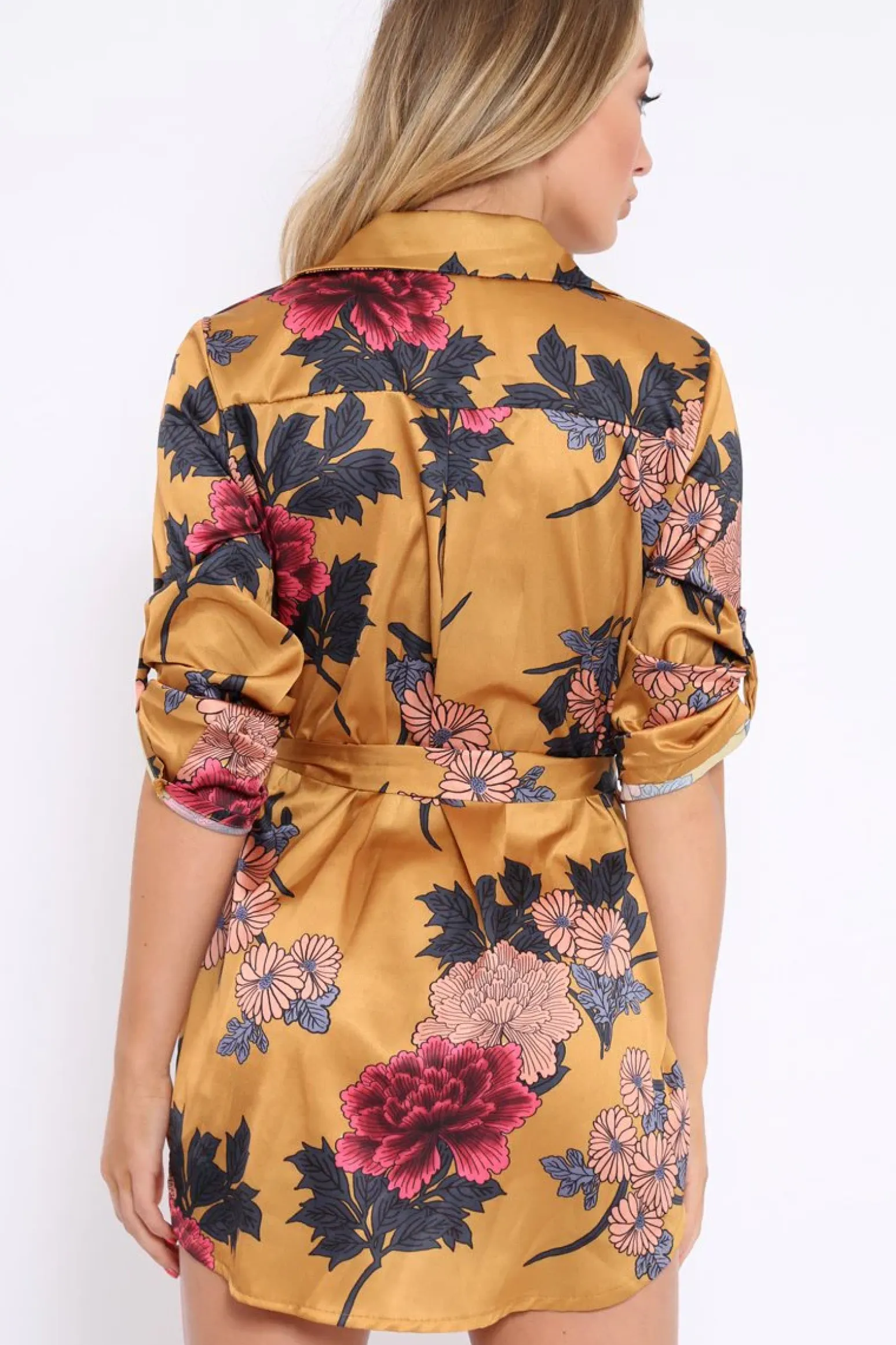 Rebellious Fashion Mustard Floral Satin Shirt Tie Dress - Sophina