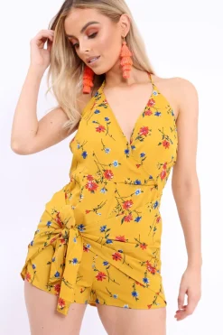Rebellious Fashion Mustard Floral Tie Front Cami Playsuit - Franky
