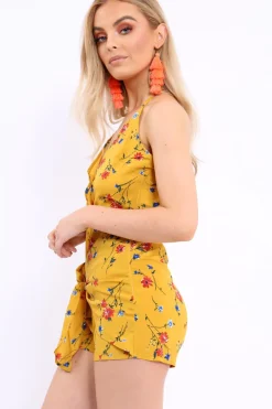 Rebellious Fashion Mustard Floral Tie Front Cami Playsuit - Franky