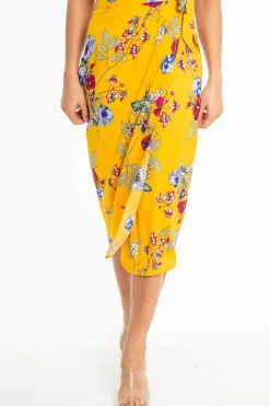 Rebellious Fashion Mustard Floral Wrap Tie Side Midi Skirt - Mailah