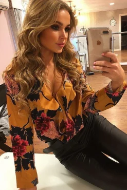 Rebellious Fashion Mustard Flower Print Plunge Satin Bodysuit - Madelynn