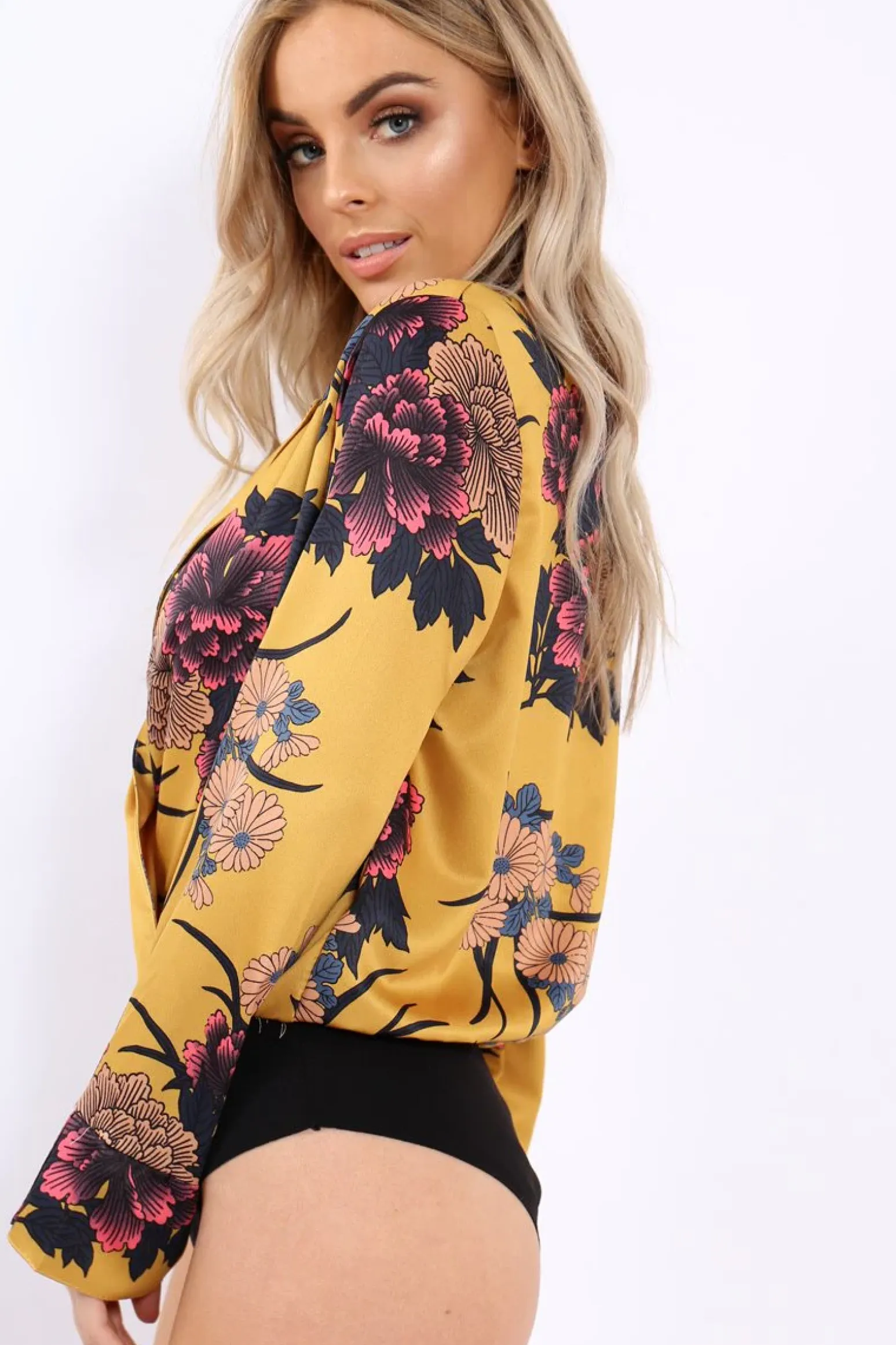 Rebellious Fashion Mustard Flower Print Plunge Satin Bodysuit - Madelynn