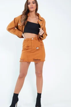 Rebellious Fashion Mustard Frayed Hem Crop Denim Jacket - Ryia