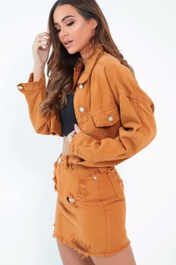 Rebellious Fashion Mustard Frayed Hem Crop Denim Jacket - Ryia