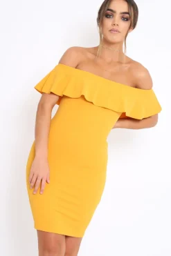 Rebellious Fashion Mustard Frill Bardot Midi Dress - Bridget
