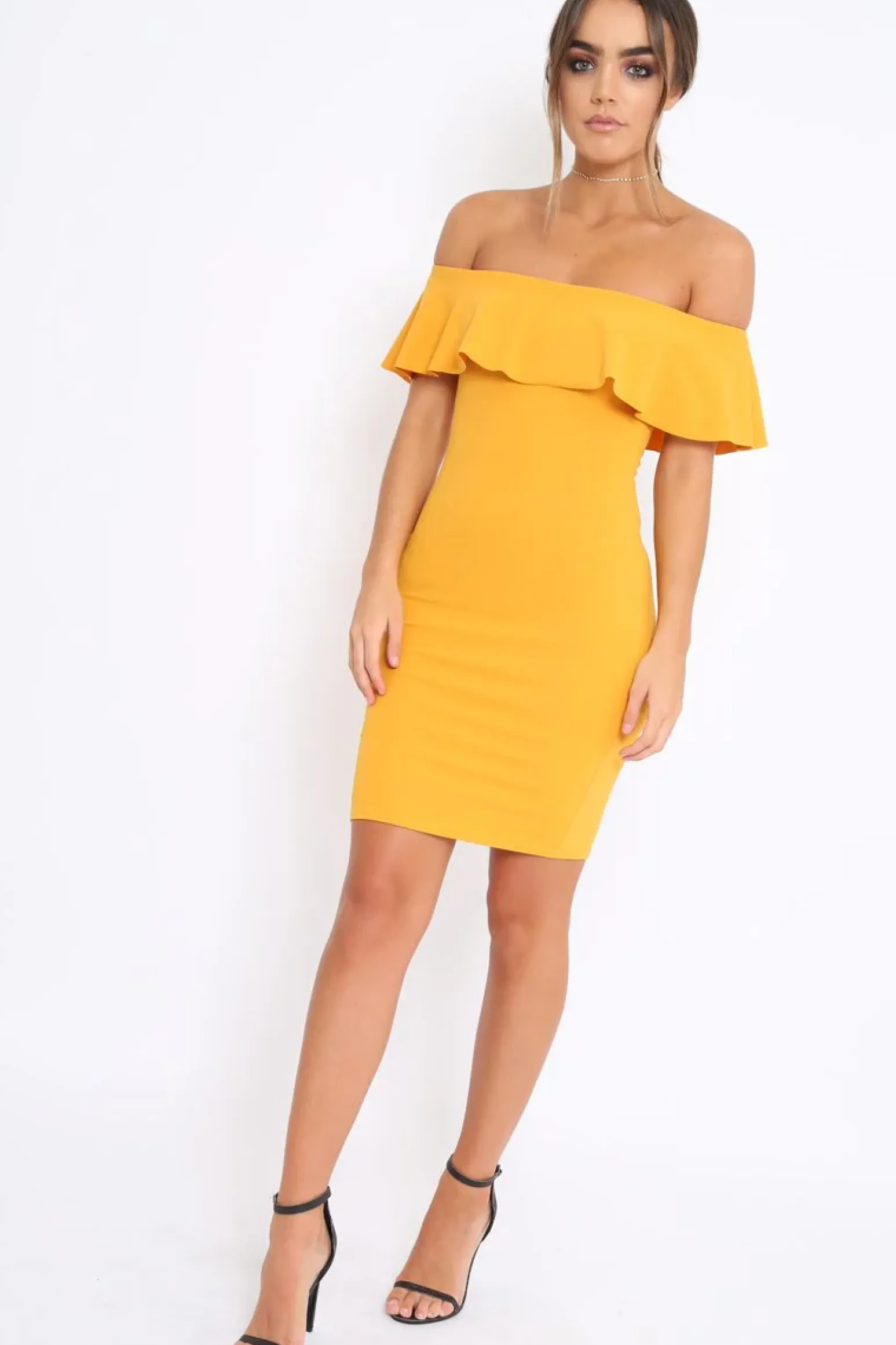 Rebellious Fashion Mustard Frill Bardot Midi Dress - Bridget