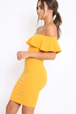 Rebellious Fashion Mustard Frill Bardot Midi Dress - Bridget