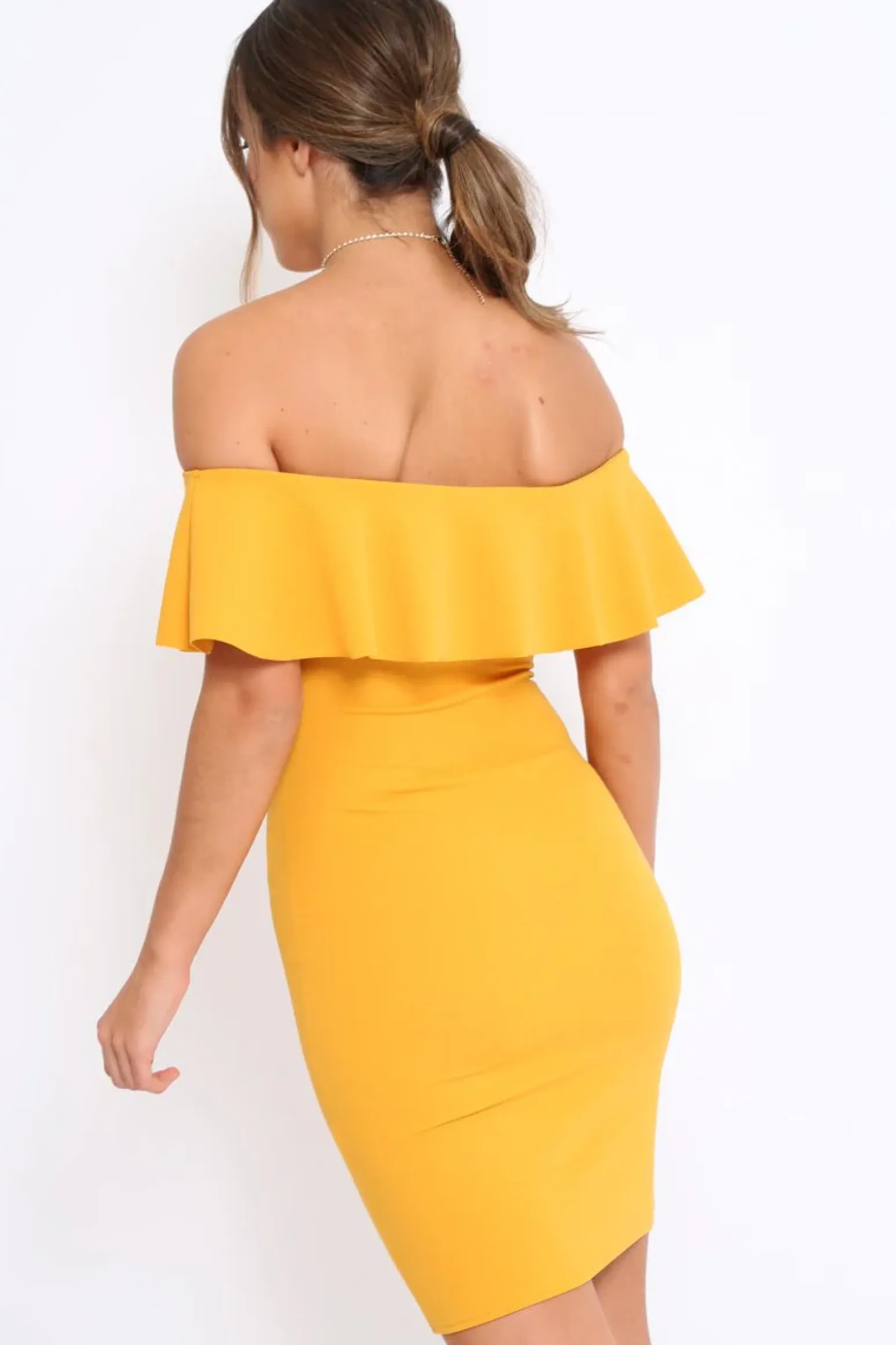 Rebellious Fashion Mustard Frill Bardot Midi Dress - Bridget
