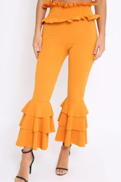 Rebellious Fashion Mustard Frill Hem Triple Tiered Frill Hem Trousers - Karla
