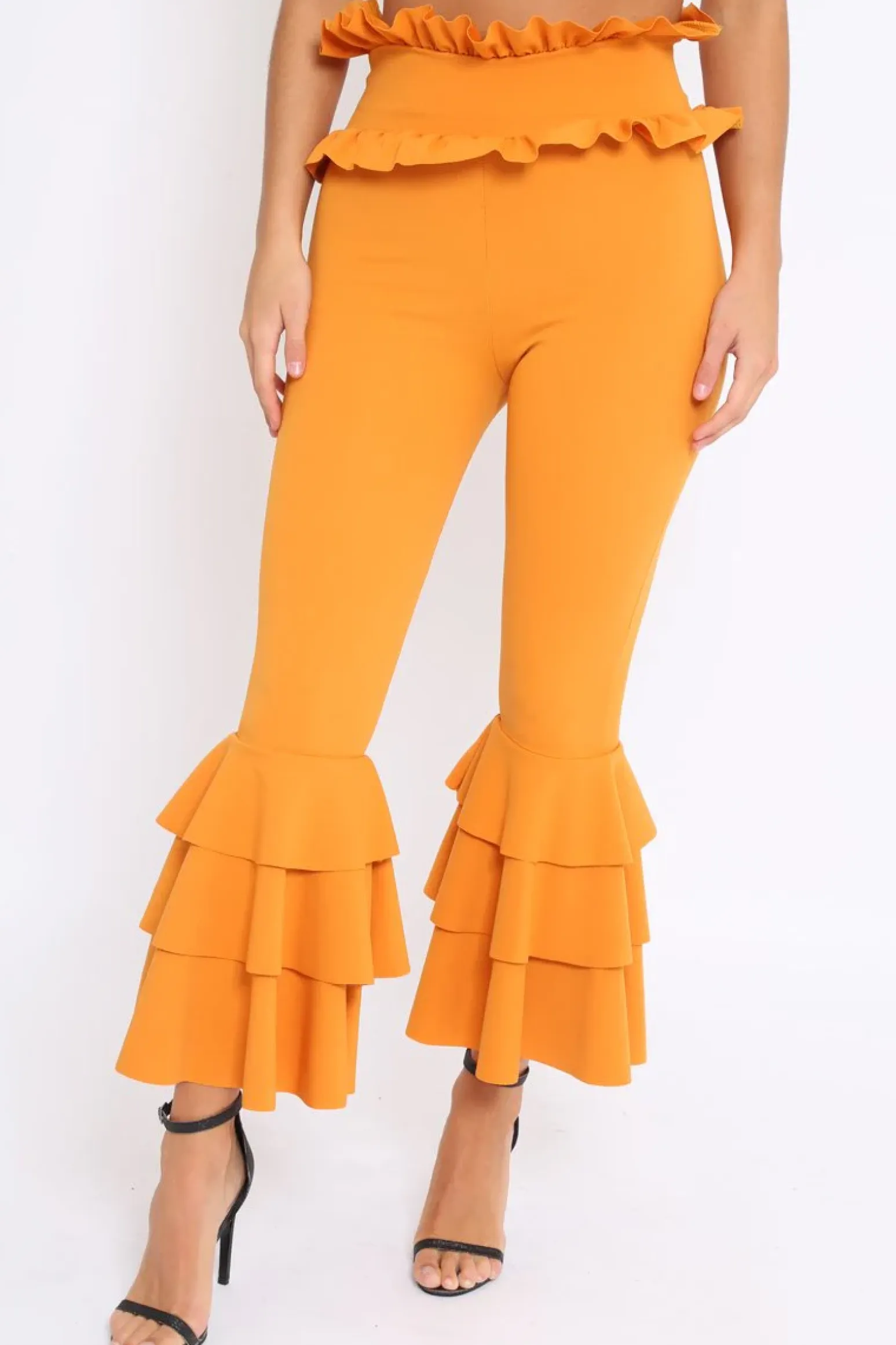 Rebellious Fashion Mustard Frill Hem Triple Tiered Frill Hem Trousers - Karla