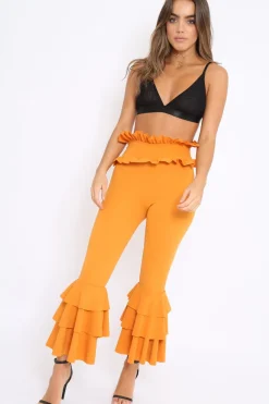 Rebellious Fashion Mustard Frill Hem Triple Tiered Frill Hem Trousers - Karla